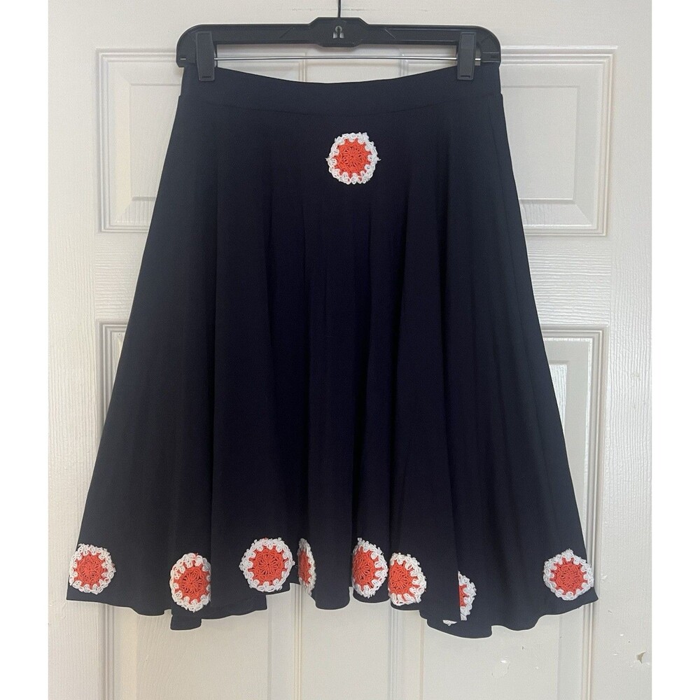 Star Vixen Skater Skirt Sz  M Navy Knit Crochet Applique Boho Whimsigoth Flowy